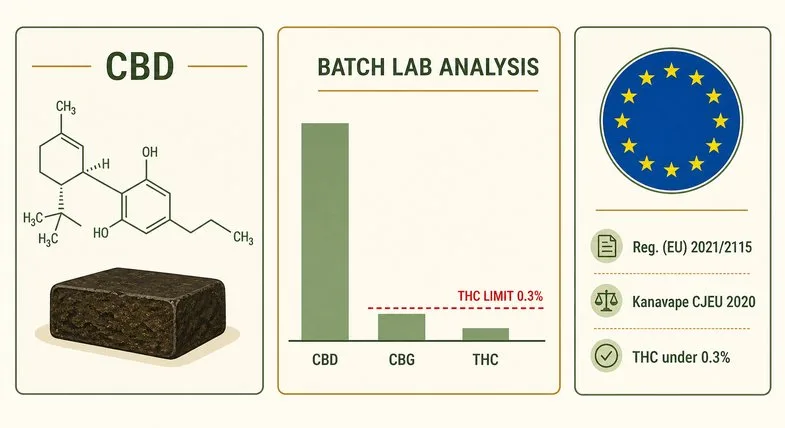 cbd-hash-lab-analysis-eu-coa Three-section schematic flat vector illustration of Justbob CBD hash lab analysis in framed cards: a Cannabidiol CBD molecular structure with a small dark pressed hash-block icon on the left, a BATCH LAB ANALYSIS bar chart in the centre showing CBD tall, CBG low and THC very low with a red dashed THC LIMIT 0.3% line, and an EU compliance badge on the right with twelve yellow stars and the lines Reg. (EU) 2021/2115, Kanavape CJEU 2020 and THC under 0.3%