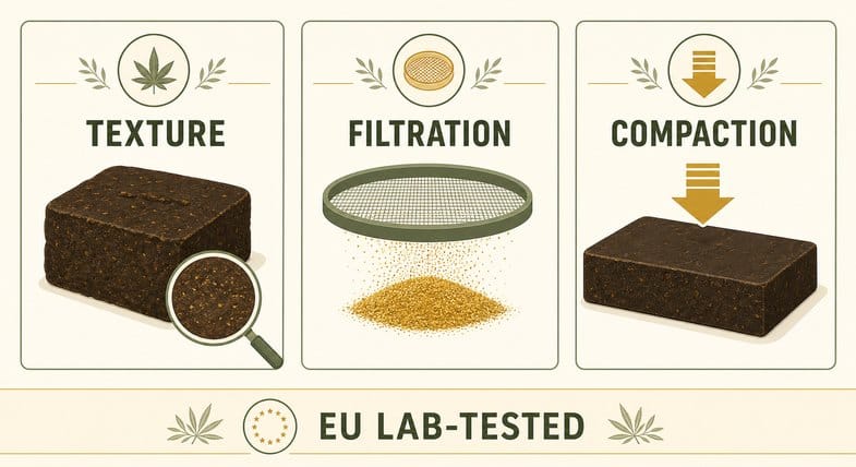 Three CBD hemp resin quality characteristics shown as a flat vector infographic labelled TEXTURE, FILTRATION and COMPACTION, with a dark pressed resin block and a magnifier, a mesh sieve disc dropping golden particles, and a pressed slab with a downward compaction arrow, plus an EU LAB-TESTED strip along the bottom and no people in frame