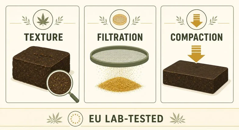 cbd-hash-resin-quality Three CBD hemp resin quality characteristics shown as a flat vector infographic labelled TEXTURE, FILTRATION and COMPACTION, with a dark pressed resin block and a magnifier, a mesh sieve disc dropping golden particles, and a pressed slab with a downward compaction arrow, plus an EU LAB-TESTED strip along the bottom and no people in frame
