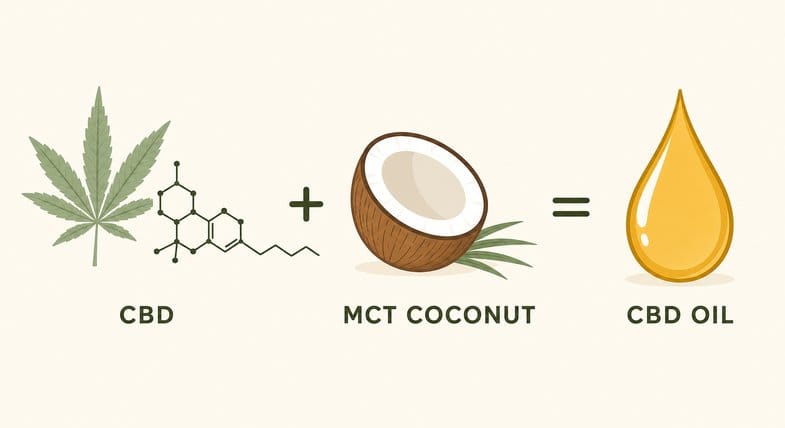 Flat vector composition schema of CBD oil reading left to right as an equation: a Cannabidiol CBD molecule beside a hemp leaf, a plus sign, a half MCT COCONUT in the middle, an equals sign, and a golden CBD OIL droplet on the right as the result, with no bottle and no people