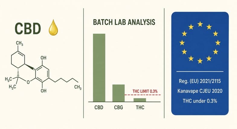 Three-section schematic flat vector illustration of Justbob CBD oil lab analysis: a Cannabidiol CBD molecular structure with a small golden oil-droplet icon on the left, a BATCH LAB ANALYSIS bar chart in the centre showing CBD tall, CBG low and THC very low with a red dashed THC LIMIT 0.3% line, and an EU compliance badge on the right with twelve yellow stars and the lines Reg. (EU) 2021/2115, Kanavape CJEU 2020 and THC under 0.3%