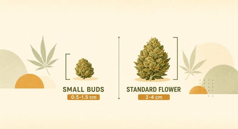 cbd-small-buds-calibre-comparison Flat vector size comparison of a Small Buds bud at 0.5 to 1.5 cm beside a larger standard CBD flower at 2 to 4 cm