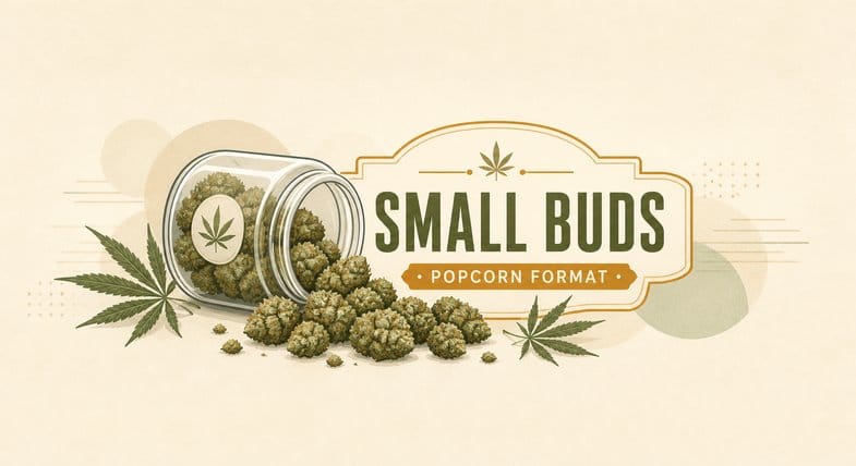 cbd-small-buds-popcorn-format-illustration Flat vector illustration of a tipped glass jar spilling compact popcorn-format Small Buds CBD hemp flowers, labelled Small Buds Popcorn Format
