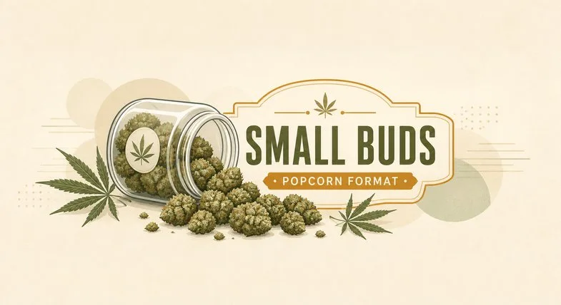 cbd-small-buds-popcorn-format-illustration Flat vector illustration of a tipped glass jar spilling compact popcorn-format Small Buds CBD hemp flowers, labelled Small Buds Popcorn Format
