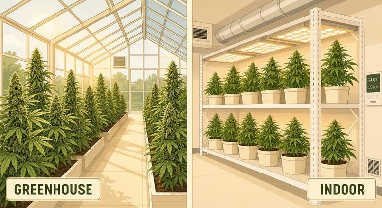 Two hemp cultivation methods labelled GREENHOUSE and INDOOR shown side by side as flat vector editorial illustration with hemp plants under glass roof natural sunlight on the left and on white metal shelving under warm cream-amber LED lights on the right, no people in frame