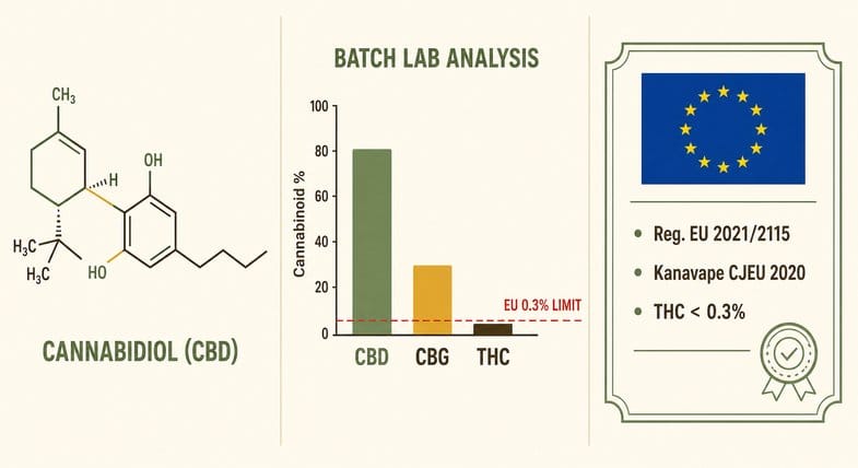 Three-section schematic flat vector illustration of Justbob trim CBD lab analysis: Cannabidiol CBD molecular structure on the left, BATCH LAB ANALYSIS bar chart in the centre with CBD CBG THC cannabinoid concentrations and EU 0.3 percent limit dashed line, EU compliance certificate frame on the right with twelve yellow stars on blue field and references to Reg EU 2021 2115 Kanavape CJEU 2020 and THC under 0.3 percent