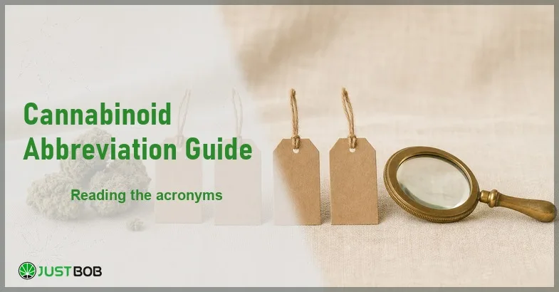 cannabinoid-abbreviation-guide Justbob Cannabinoid Abbreviation Guide banner with green title, hemp flower buds and a row of blank paper name tags on cream linen