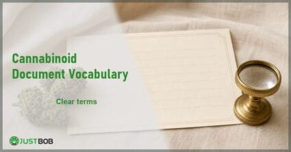 Justbob Cannabinoid Document Vocabulary banner with green title, hemp flower buds, a blank certificate sheet and a brass loupe on cream linen