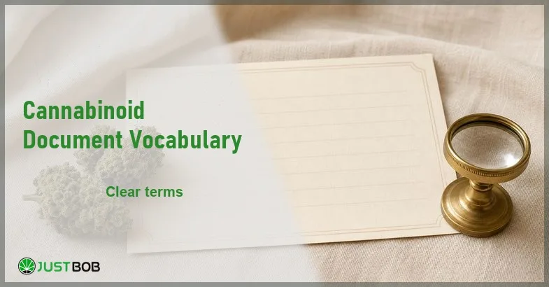 Justbob Cannabinoid Document Vocabulary banner with green title, hemp flower buds, a blank certificate sheet and a brass loupe on cream linen