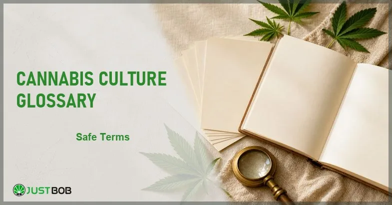 cannabis-culture-glossary Justbob Cannabis Culture Glossary banner with green title, blank index cards, hemp leaves and brass loupe