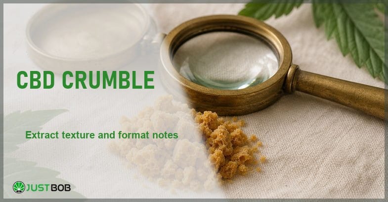 Justbob CBD Crumble banner with green title, a small piece of dry crumbly CBD extract and a brass loupe on cream linen