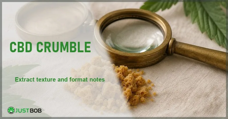 cbd-crumble Justbob CBD Crumble banner with green title, a pile of amber crumbly CBD extract, a pale crystalline pile and a brass loupe on cream linen