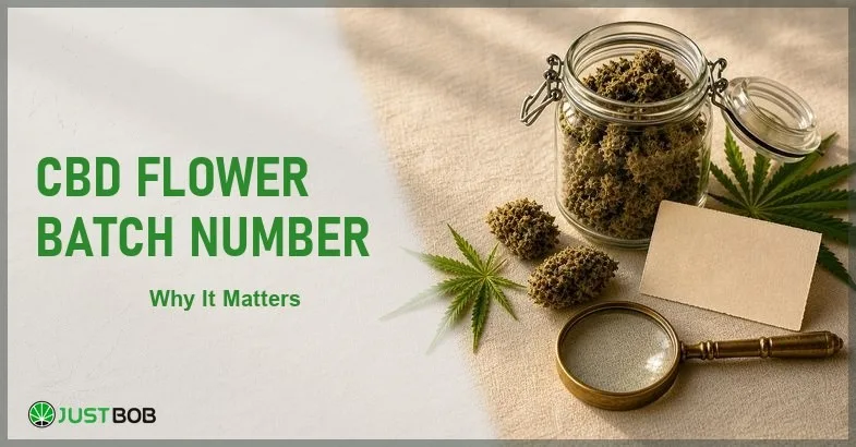 cbd-flower-batch-number Justbob CBD Flower Batch Number banner with green title, hemp flower jar, loose buds, blank card and brass loupe