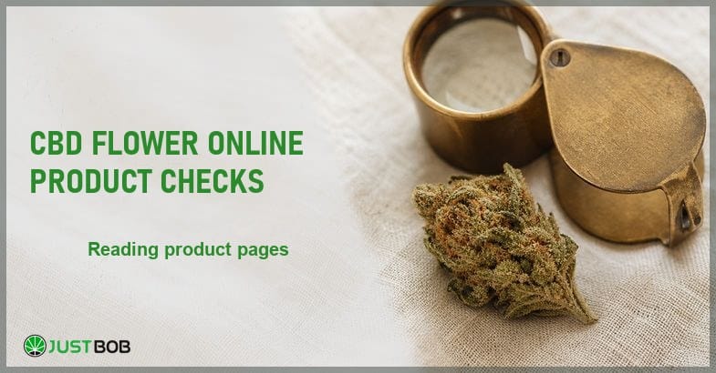 Justbob CBD Flower Online Product Checks banner with green title, a hemp flower bud and a brass loupe on cream linen