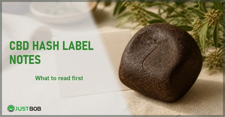Justbob CBD Hash Label Notes banner with green title, a pressed block of CBD hash and a blank label card on cream linen