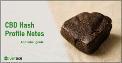 Justbob CBD Hash Profile Notes banner with green title, an irregular dark-chocolate-brown hemp resin lump on cream linen