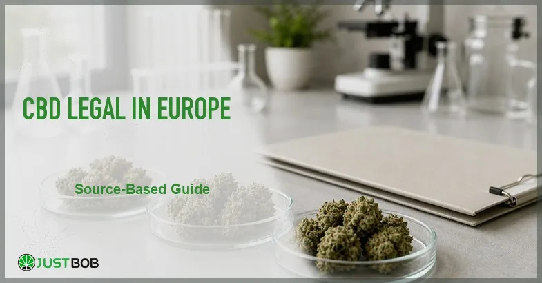 Justbob featured banner for CBD Legal In Europe: three petri dishes with hemp powders and buds, microscope and binder still life on cream lab desk