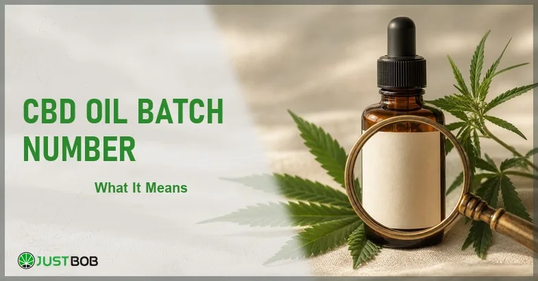 cbd-oil-batch-number Justbob CBD Oil Batch Number banner with green title, amber CBD oil dropper bottle, blank label area and brass loupe