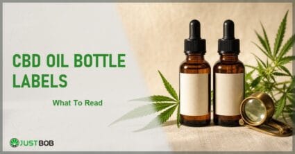 Justbob CBD Oil Bottle Labels banner with green title, two amber CBD oil bottles, blank label panels and brass loupe