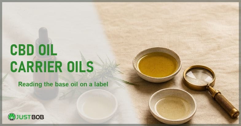 Justbob CBD Oil Carrier Oils banner with green title, amber bottle, small dishes of base oil and a brass loupe on cream linen