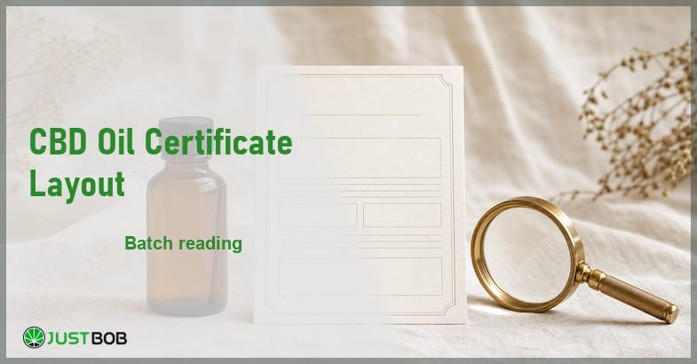 Justbob CBD Oil Certificate Layout banner with green title, a CBD oil bottle, a blank ruled certificate sheet and a brass loupe on cream linen