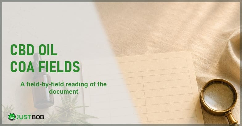 cbd-oil-coa-fields Justbob CBD Oil COA Fields banner with green title, a blank certificate of analysis form, an amber bottle and a brass loupe on cream linen