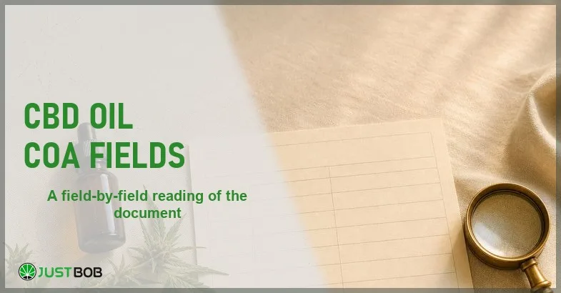 Justbob CBD Oil COA Fields banner with green title, a blank gridded sheet, an amber dropper bottle and a brass loupe on cream linen