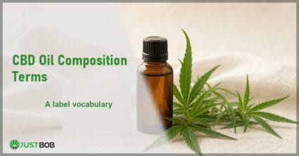 Justbob CBD Oil Composition Terms banner with green title, a CBD oil bottle, a blank label and hemp leaves on cream linen