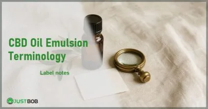Justbob CBD Oil Emulsion Terminology banner with green title, a CBD oil bottle, a blank label and a brass loupe on cream linen