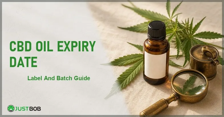 Justbob CBD Oil Expiry Date banner with green title, amber CBD oil bottle, blank date panel and brass loupe