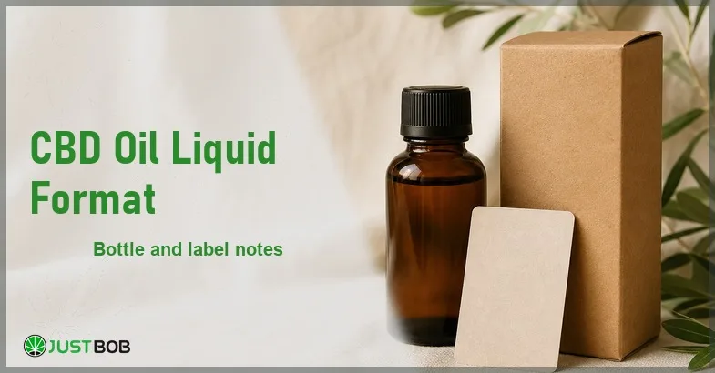 Justbob CBD Oil Liquid Format banner with green title, an amber CBD oil bottle, a blank card and a kraft box on cream cloth