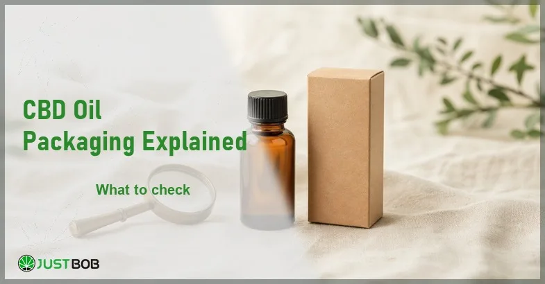 cbd-oil-packaging-explained Justbob CBD Oil Packaging Explained banner with green title, an amber oil bottle and a small kraft box on cream linen