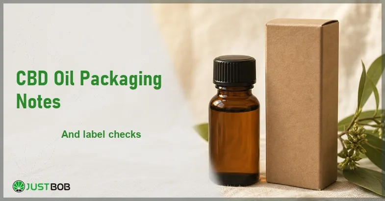 Justbob CBD Oil Packaging Notes banner with green title, a CBD oil bottle and a plain box on cream linen