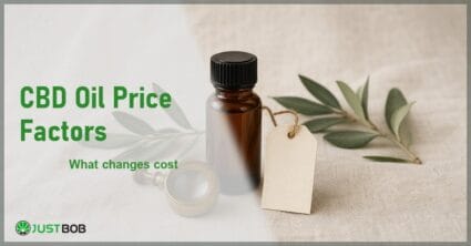 Justbob CBD Oil Price Factors banner with green title, an amber oil bottle and a blank paper price tag on cream linen