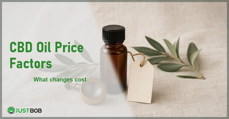 Justbob CBD Oil Price Factors banner with green title, an amber oil bottle and a blank paper price tag on cream linen