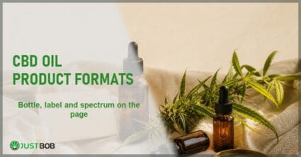 Justbob CBD Oil Product Formats banner with green title, amber CBD oil bottles in different sizes and a brass loupe on cream linen