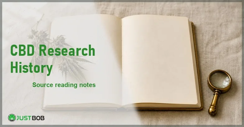 cbd-research-history Justbob CBD Research History banner with green title, an open blank notebook and a dried hemp sprig on cream linen