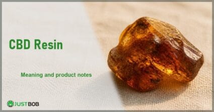 CBD Resin banner with green title, an amber-brown hemp resin piece on cream linen