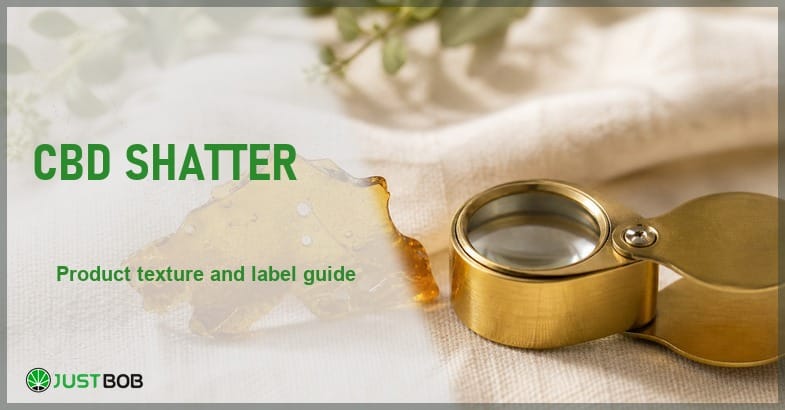 cbd-shatter Justbob CBD Shatter banner with green title, a translucent amber shard of CBD shatter and a brass loupe on cream linen