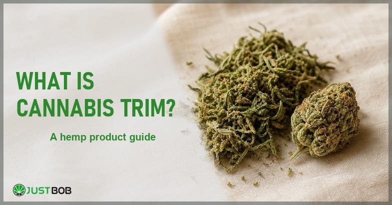 Justbob What Is Cannabis Trim banner with green title, loose hemp trim offcuts and a small hemp flower bud on cream linen