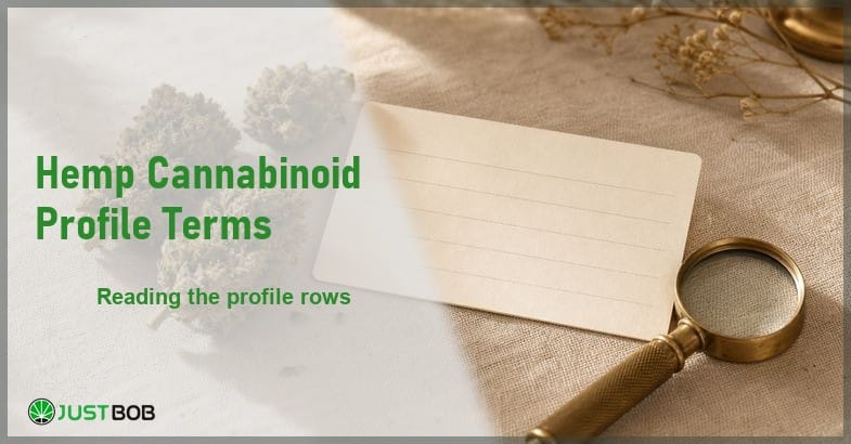 Justbob Hemp Cannabinoid Profile Terms banner with green title, hemp flower buds and a blank row-ruled card on cream linen