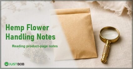 Justbob Hemp Flower Handling Notes banner with green title, hemp flower buds and a sealed blank paper package on cream linen