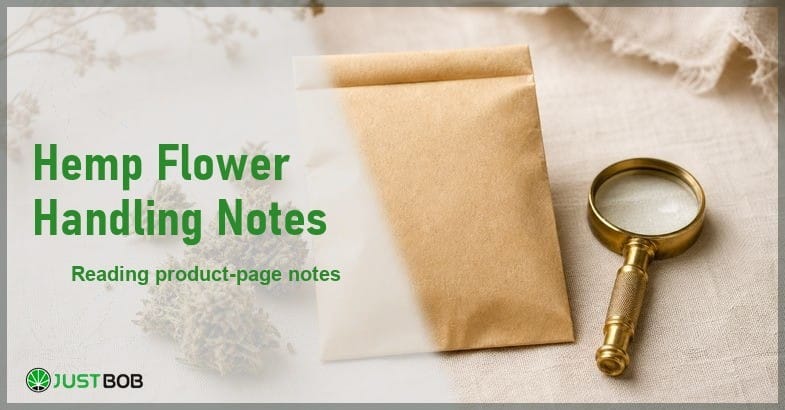Justbob Hemp Flower Handling Notes banner with green title, a sealed blank kraft paper package, dried flowers and a brass loupe on cream linen