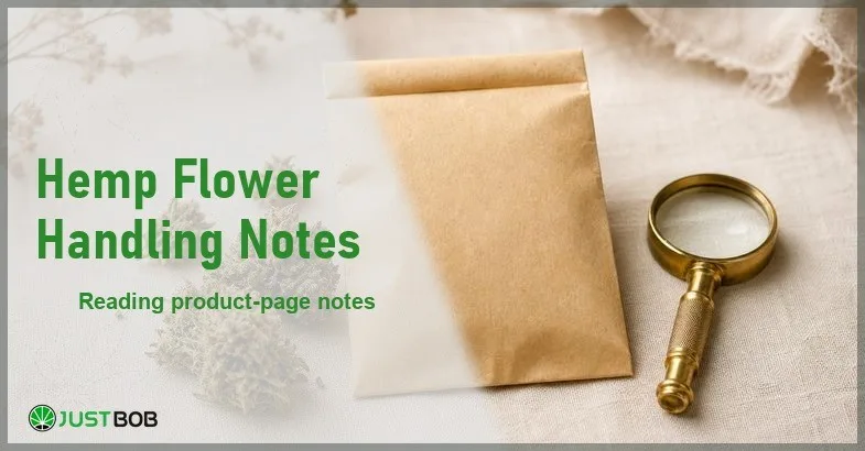 Justbob Hemp Flower Handling Notes banner with green title, hemp flower buds and a sealed blank paper package on cream linen