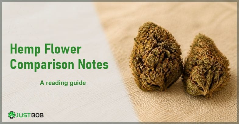 Justbob Hemp Flower Product Comparison Notes banner with green title, two hemp flower buds side by side on cream linen