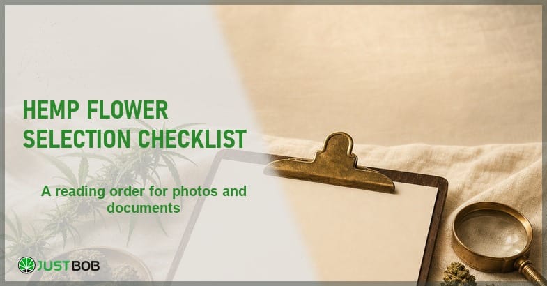 Justbob Hemp Flower Selection Checklist banner with green title, a clipboard, hemp buds and a brass loupe on cream linen