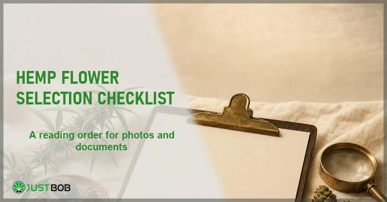 hemp-flower-selection-checklist Justbob Hemp Flower Selection Checklist banner with green title, a clipboard, hemp buds and a brass loupe on cream linen