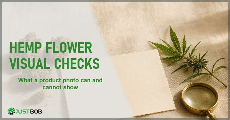 Justbob Hemp Flower Visual Checks banner with green title, hemp buds, a blank photo print and a brass loupe on cream linen