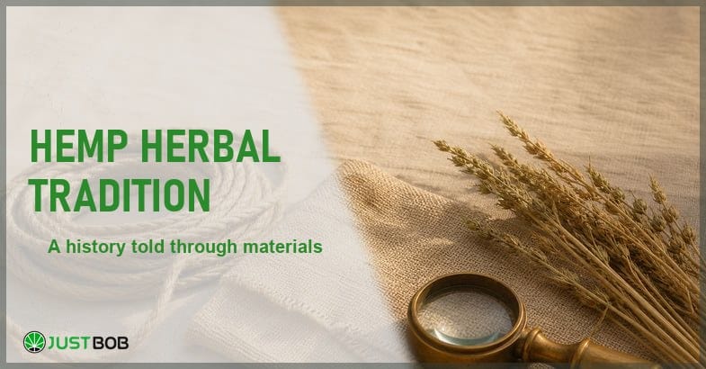 Justbob Hemp Herbal Tradition banner with green title, hemp rope, woven canvas, dried hemp stalks and a brass loupe on cream linen
