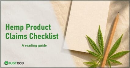 Justbob Hemp Product Claims Checklist banner with green title, a blank product card and a pencil beside a hemp sprig on cream linen